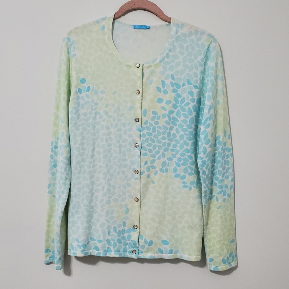 J. McLaughlin Pearl Button Blue and Green Patterned Cardigan Medium